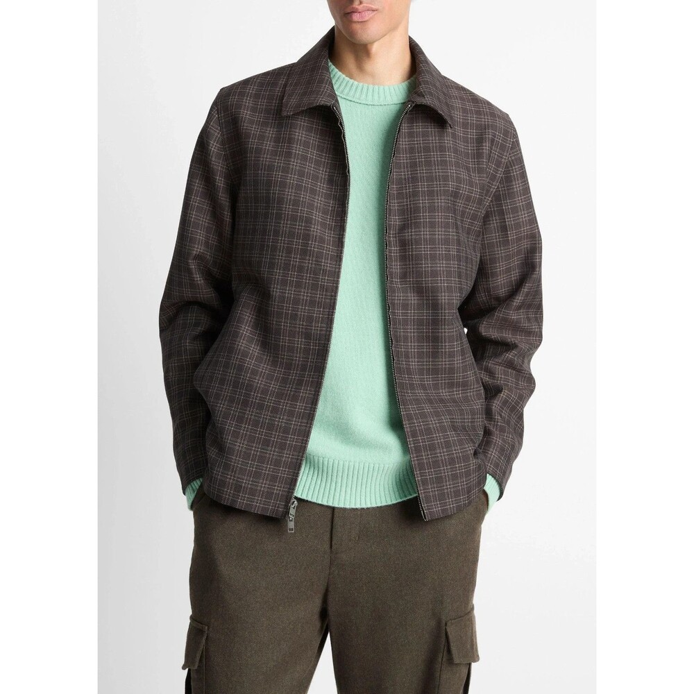 Vince Jacket Mens XL Charcoal Plaid Wool Blend Zip Up Lightweight $598